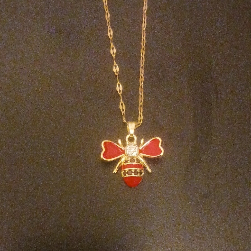 Gold Plated and Red Bee Pendant Necklace for Women's